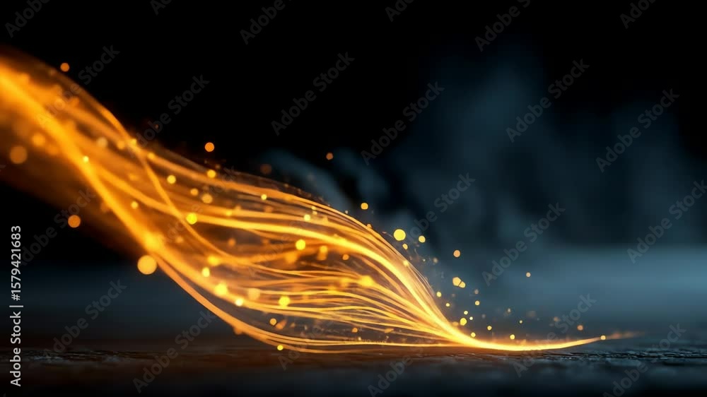 Poster a dynamic fiery orange light trail curves across a textured dark surface with bokeh lights sprinkled