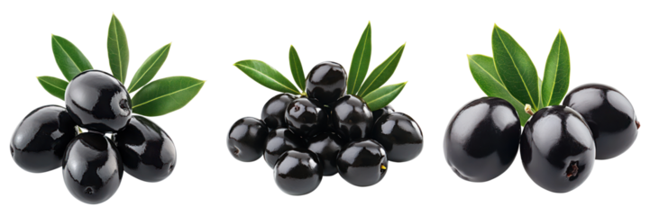 Set of black olives with leaves isolated on transparent background
