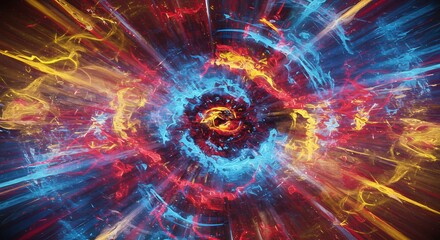 Abstract Vortex of Vibrant Hues: Dynamic Red, Blue, and Yellow Swirls Exploding from Central Core