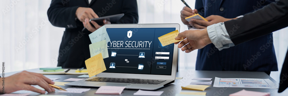 Poster cyber security system on computer screen protect private information brisk from hacker and cyber att