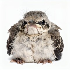 Vulnerable juvenile bird portrait, fledgling with downy feathers posing attentively on white background