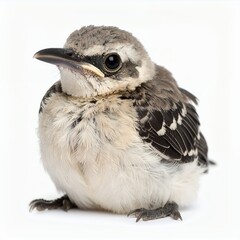Fototapeta premium Young fledgling bird portrait with speckled feathers, isolated closeup image on white background