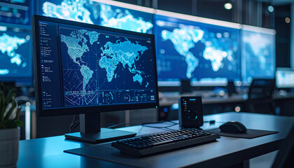 Fototapeta premium Cybersecurity Control Room: Immerse yourself in the heart of data protection, where cutting-edge technology meets unwavering security. A control room.