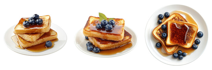 Set of French toasts with maple syrup and blueberry isolated on transparent background