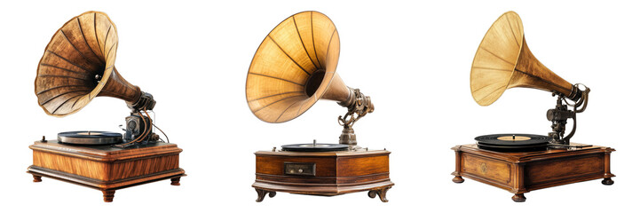 Set of antique gramophone isolated on transparent background