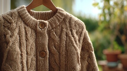 Knitted cardigan hanging on wooden hanger, showing cozy autumn vibes