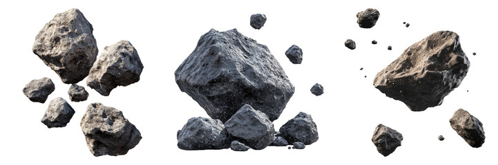 Set of asteroids isolated on transparent background