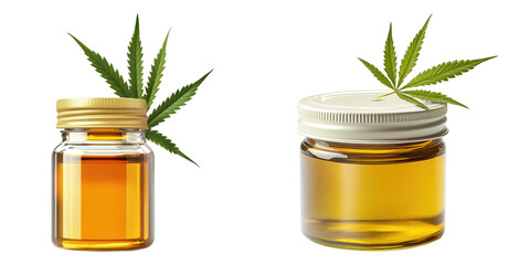 Set of cannabis essential oil container with leaves isolated on transparent background