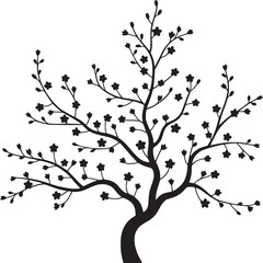 Silhouette of a flowering tree with small blossoms and thin branches against a white background