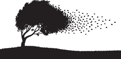 Vector art of a tree silhouette with leaves blowing away in the wind