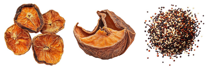Set of dry bael fruit isolated on transparent background