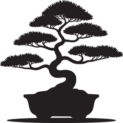 Silhouette of a bonsai tree in a pot against a white background with detailed foliage and trunk shape