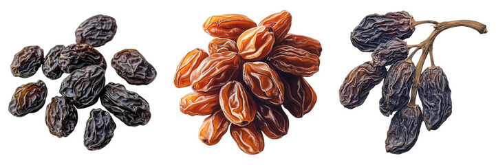 Set of dried raisins isolated on transparent background