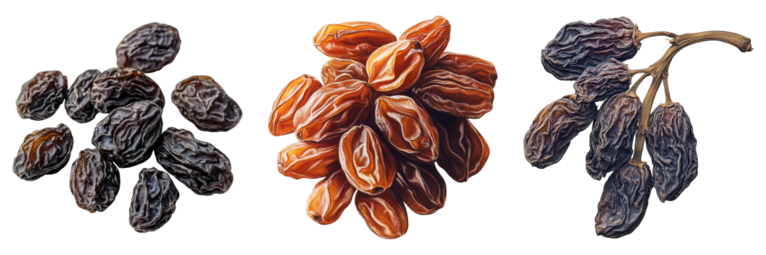 Set of dried raisins isolated on transparent background