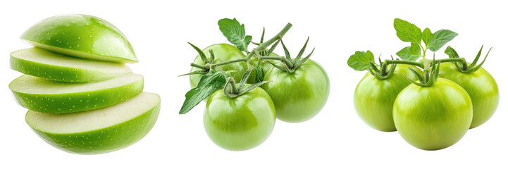 Set of fresh green apple slices isolated on transparent background