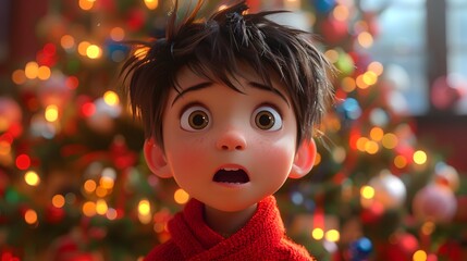 Curious young boy sitting in front of a door with a surprised expression, capturing innocence, wonder, and discovery in a warm, intimate, and homely indoor environment.

