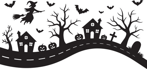Spooky Halloween Elements Silhouette Vector Set

Witch Flying on Broom with Bats Halloween Clipart

Haunted House with Pumpkin and Bats Silhouette Design

Creepy Halloween Scene with Ghosts and Full M