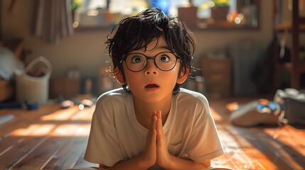 Young boy sitting on a wooden floor with a surprised expression, capturing a moment of wonder, curiosity, and innocence in a warm, natural indoor setting.

