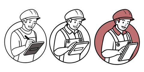 Worker holding tablet writing notes technician hard hat