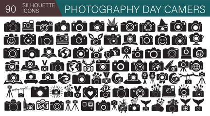 World Photography Day Camera Silhouette Icons Vector Set for Capturing Memories and Creative Photo Design, Flat Solid Black, beautiful bundle 