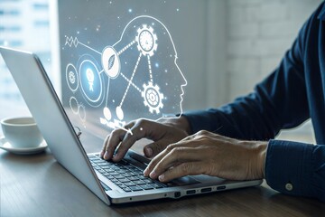 Man working on laptop with futuristic digital interface and human head graphic