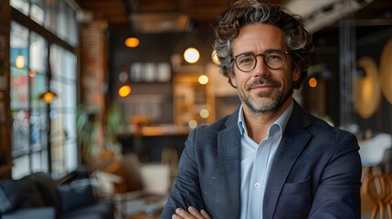 Confident businessman wearing a formal suit and glasses, standing with authority and professionalism, representing leadership, ambition, and modern corporate success in a business-oriented environment