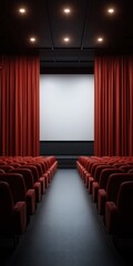 Fototapeta premium Empty movie theater with red curtains and chairs awaiting audience
