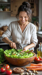 Smiling woman preparing fresh salad in rustic kitchen.Related to home cooking, healthy eating, nutrition, vegetarian or vegan food, and joyful living concept.