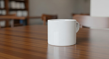 A clean white coffee mug sits on a polished wooden table in a bright, modern setting
