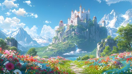 A majestic castle nestled among blooming flowers and lush gardens, enhanced by elegant landscape design, evoking fairytale charm, natural beauty, and timeless romantic scenery.

