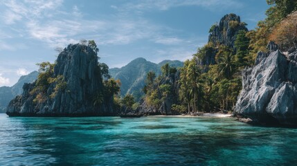 Obraz premium Clear turquoise waters gently lap against towering rocks and lush trees in a tranquil bay. The sun shines brightly, illuminating the landscape's natural beauty and inviting exploration