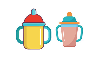 Two colorful baby sippy cups with handles isolated on a white background
