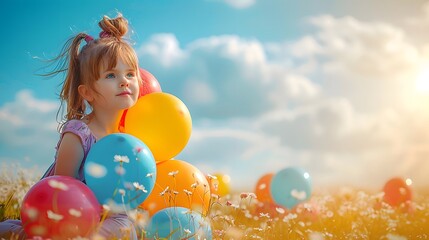 Joyful child sitting on bright, colorful balloons in a playful outdoor setting, surrounded by nature, radiating happiness, innocence, and carefree energy in a cheerful atmosphere.


