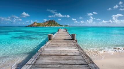 Obraz premium A wooden pier stretches into clear turquoise waters, leading toward a beautiful green island under a bright blue sky with a few fluffy clouds. The beach is sandy and inviting