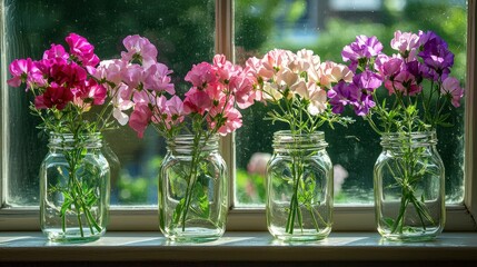 Colorful sweet peas in mason jars on a windowsill