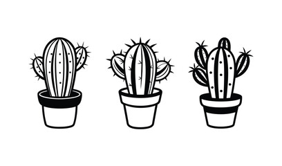 Three potted cactus plants in a row simple line art illustration