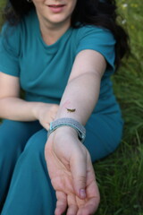 Small green locust or grasshopper sits on woman's hand