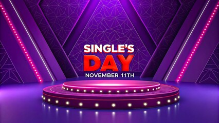Single's day celebration stage background with lights and purple podium for november 11 shopping event


