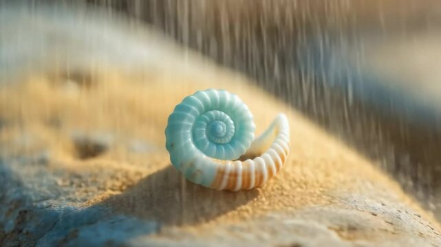 Turquoise spiral shell pivots on sunlit rock, grains swirl