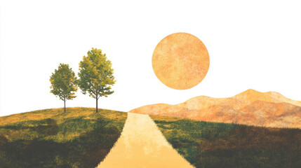 Serene landscape illustration featuring two trees on grassy hill, golden path leading into distance, and large textured sun casting warm light over rolling hills