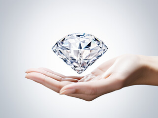 A sparkling diamond rests delicately on an open hand, conveying themes of luxury, wealth, and a...