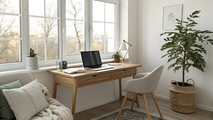 Fototapeta premium Natural light home office with wooden desk and plants
