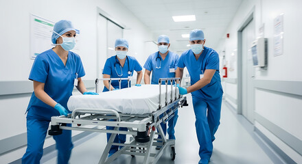 Medical Team Rushing Patient on Stretcher in Hospital Corridor