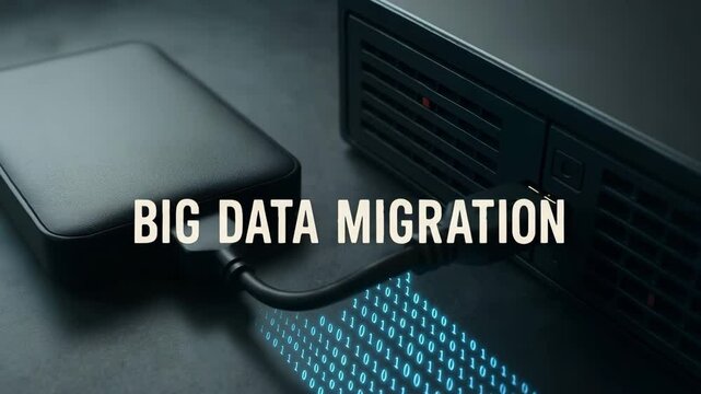 Streaming binary flows through usb from external drive to server beneath title big data migration. Concept of massive information transfer.