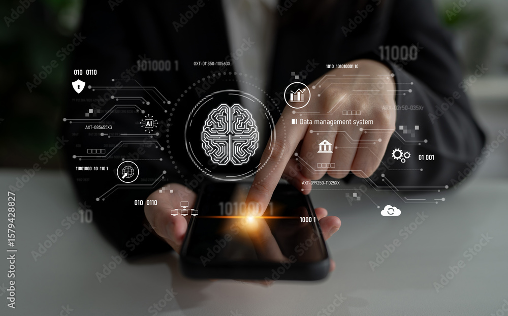 Poster ai data management system for digital analysis, with ai, data, and system repeating for better seo t