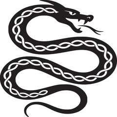 A stylized black dragon with intricate white knot patterns on a white background in a graphic design