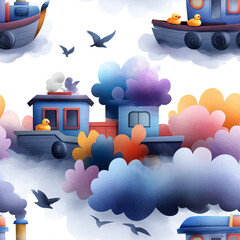 Playful boats and colorful clouds with ducks and birds
