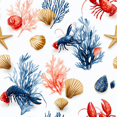 Marine life pattern with lobsters, shells, and coral on white background