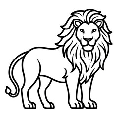 Stylized black line drawing of a majestic lion standing proudly isolated on white background