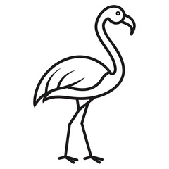 Stylized black line art flamingo standing on one leg isolated on white background